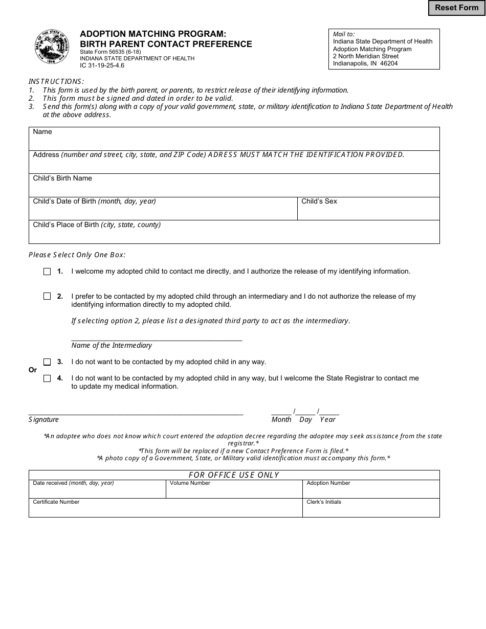 State Form 56535 Adoption Matching Program: Birth Parent Contact Preference - Indiana, Page 1