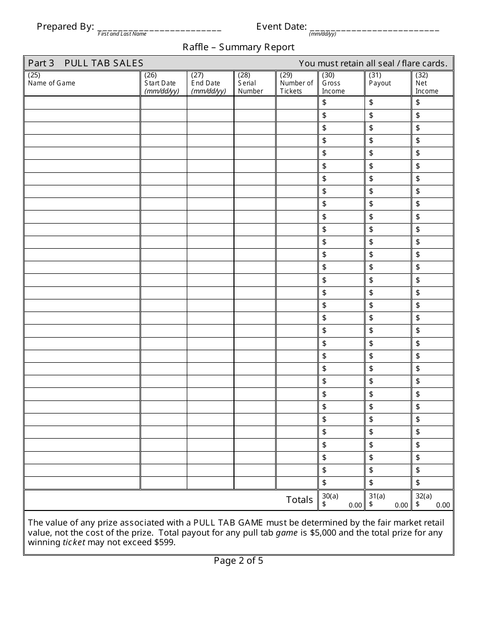 State Form 54734 Raffle - Event Summary Report - Indiana, Page 2