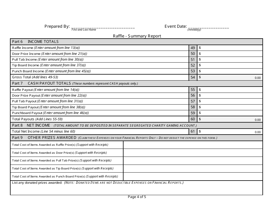 State Form 54734 Raffle - Event Summary Report - Indiana, Page 4