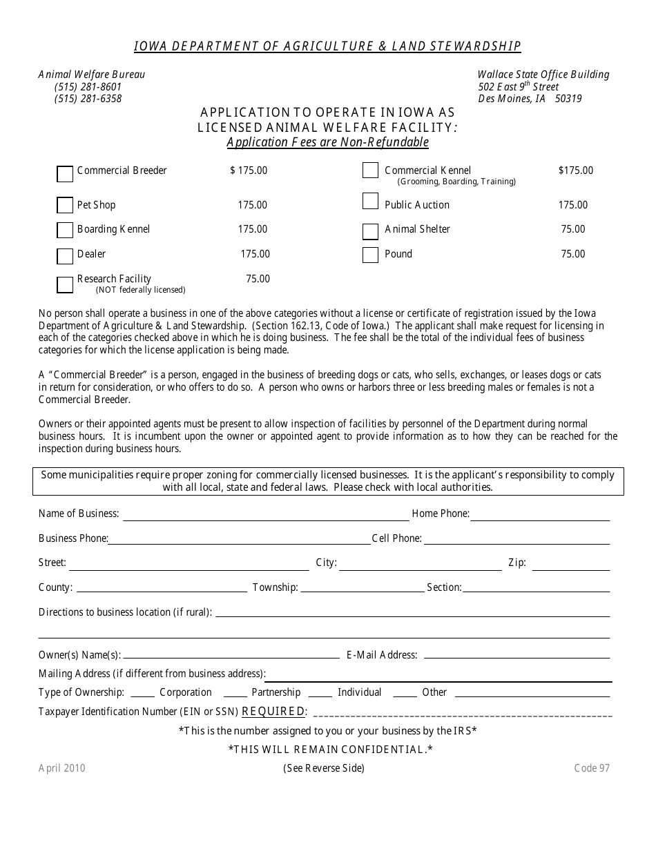 Application to Operate in Iowa as a Licensed Animal Welfare Facility - Iowa, Page 1