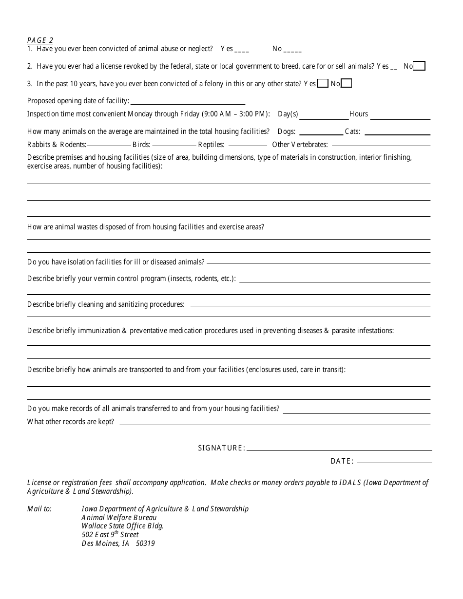 Application to Operate in Iowa as a Licensed Animal Welfare Facility - Iowa, Page 2