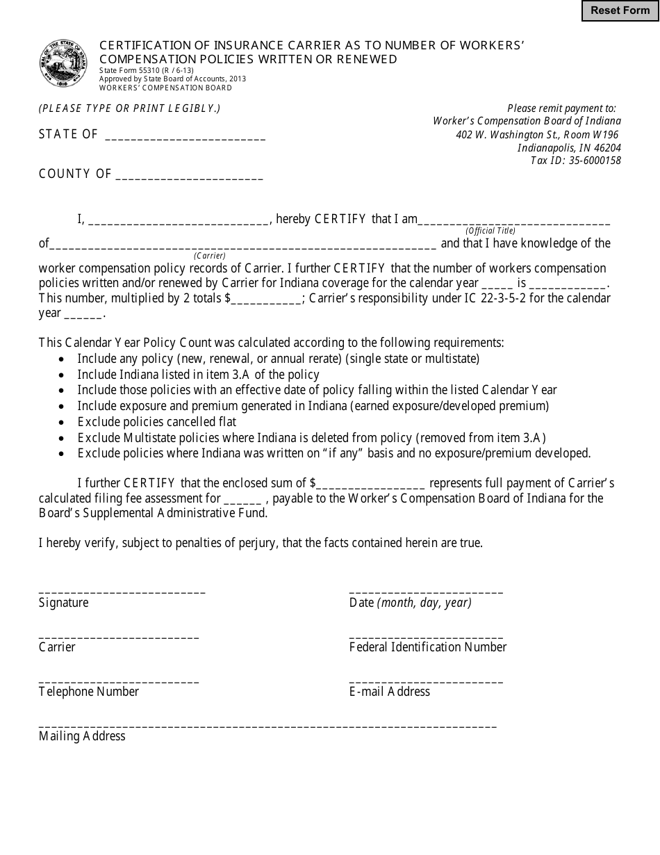 State Form 55310 Certification of Insurance Carrier as to Number of Workers Compensation Policies Written or Renewed - Indiana, Page 1