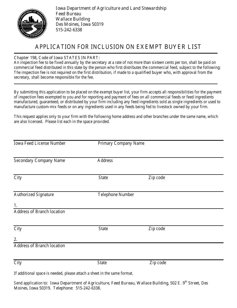Application for Inclusion on Exempt Buyer List - Iowa, Page 1