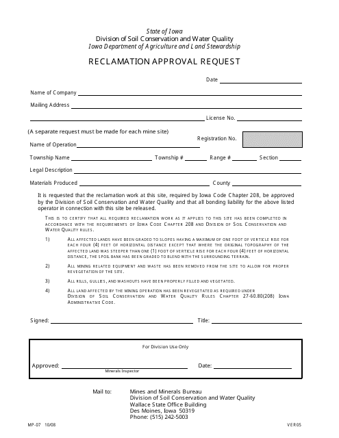 Form MP-07 Reclamation Approval Request - Iowa