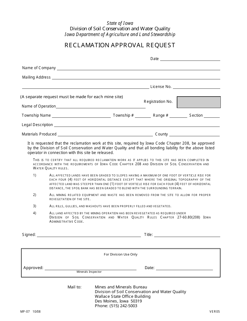 Form MP-07 Reclamation Approval Request - Iowa, Page 1