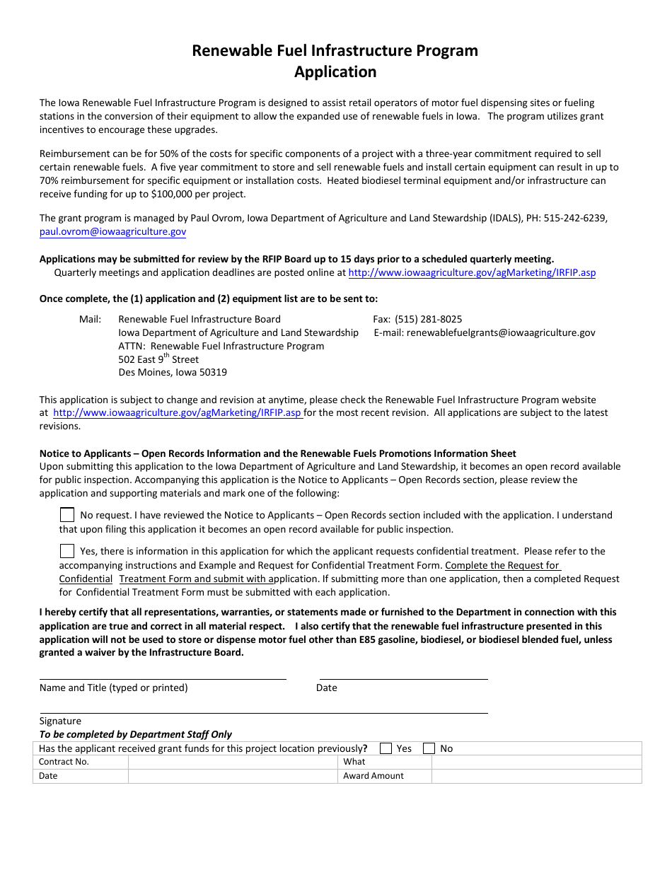 Renewable Fuel Infrastructure Program Application Form - Iowa, Page 1