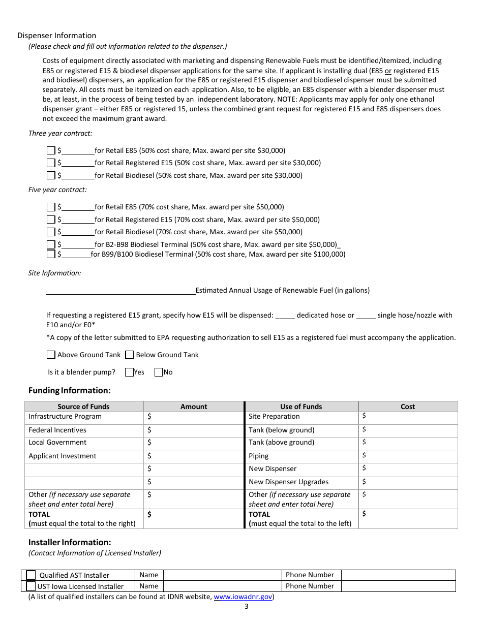 Renewable Fuel Infrastructure Program Application Form - Iowa, Page 3