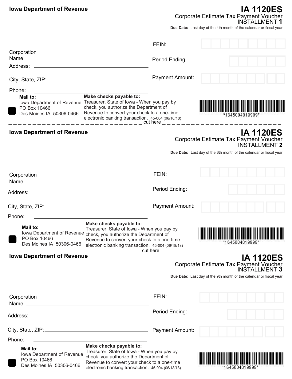 Form 45-004 (IA1120ES) Corporate Estimate Tax Payment Voucher - Iowa, Page 1