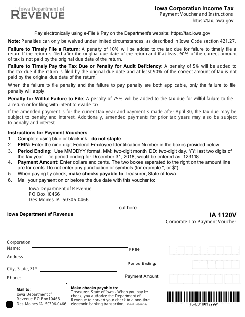 Form IA1120V Corporate Tax Payment Voucher - Iowa