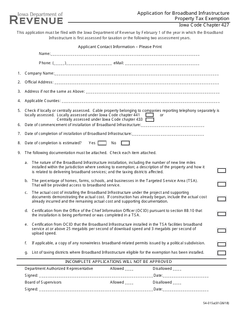 Form 54-015A Application for Broadband Infrastructure Property Tax Exemption - Iowa