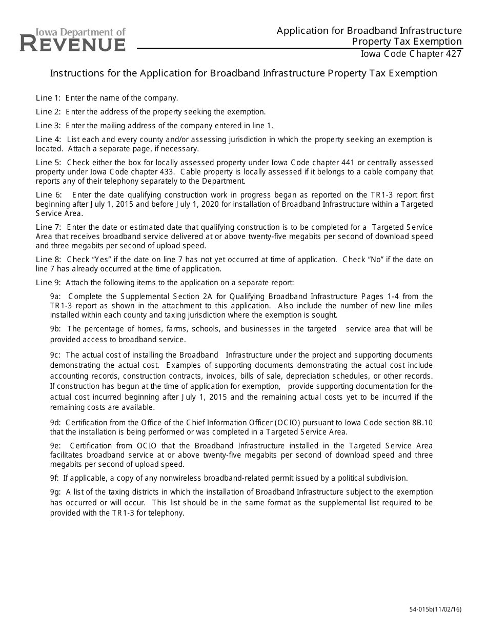 Form 54-015A Application for Broadband Infrastructure Property Tax Exemption - Iowa, Page 2