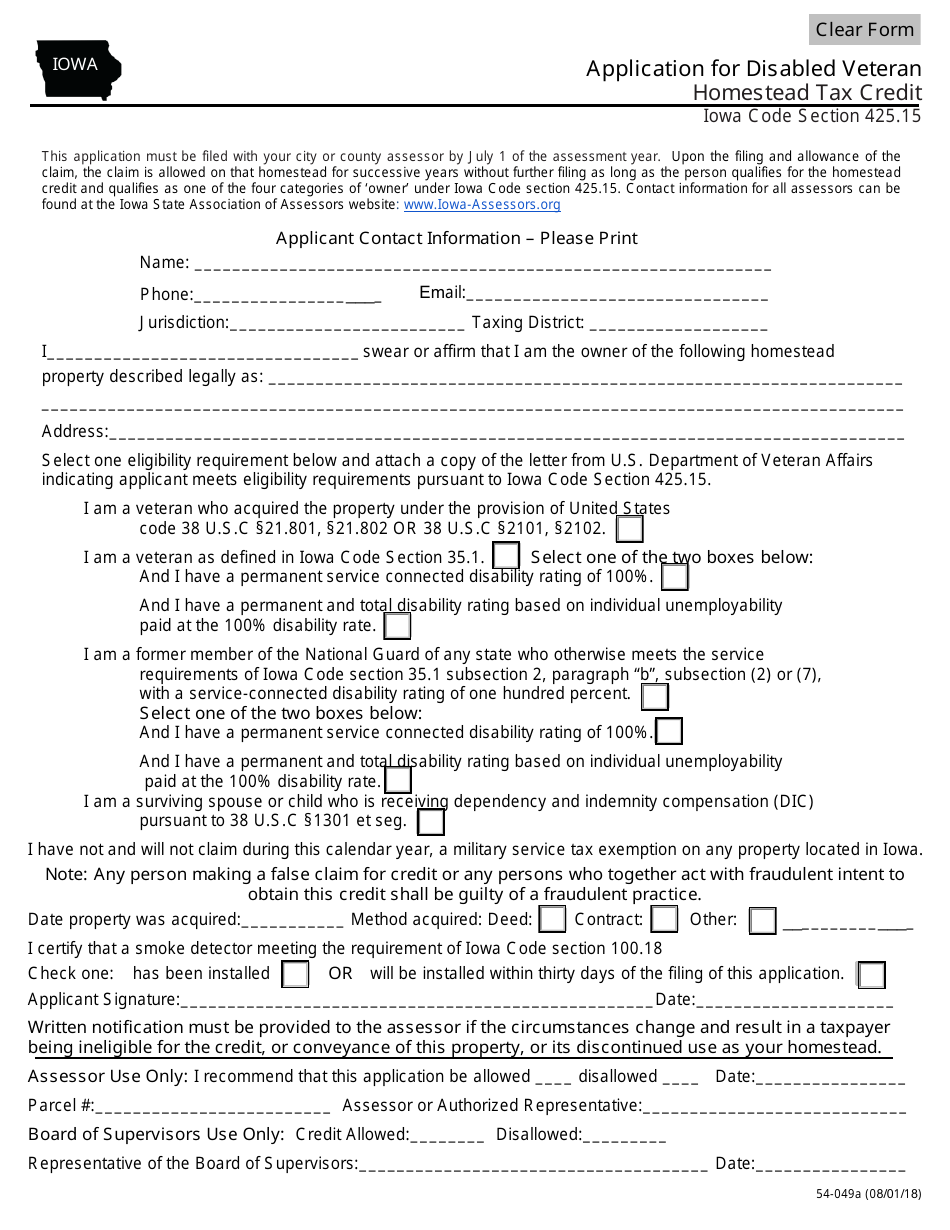 Form 54-049A Application for Disabled Veteran Homestead Tax Credit - Iowa, Page 1