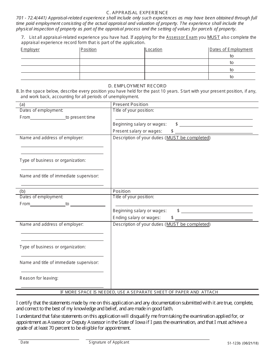 Form 51-123 Application for Examination for City / County Assessor or Deputy Assessor - Iowa, Page 2