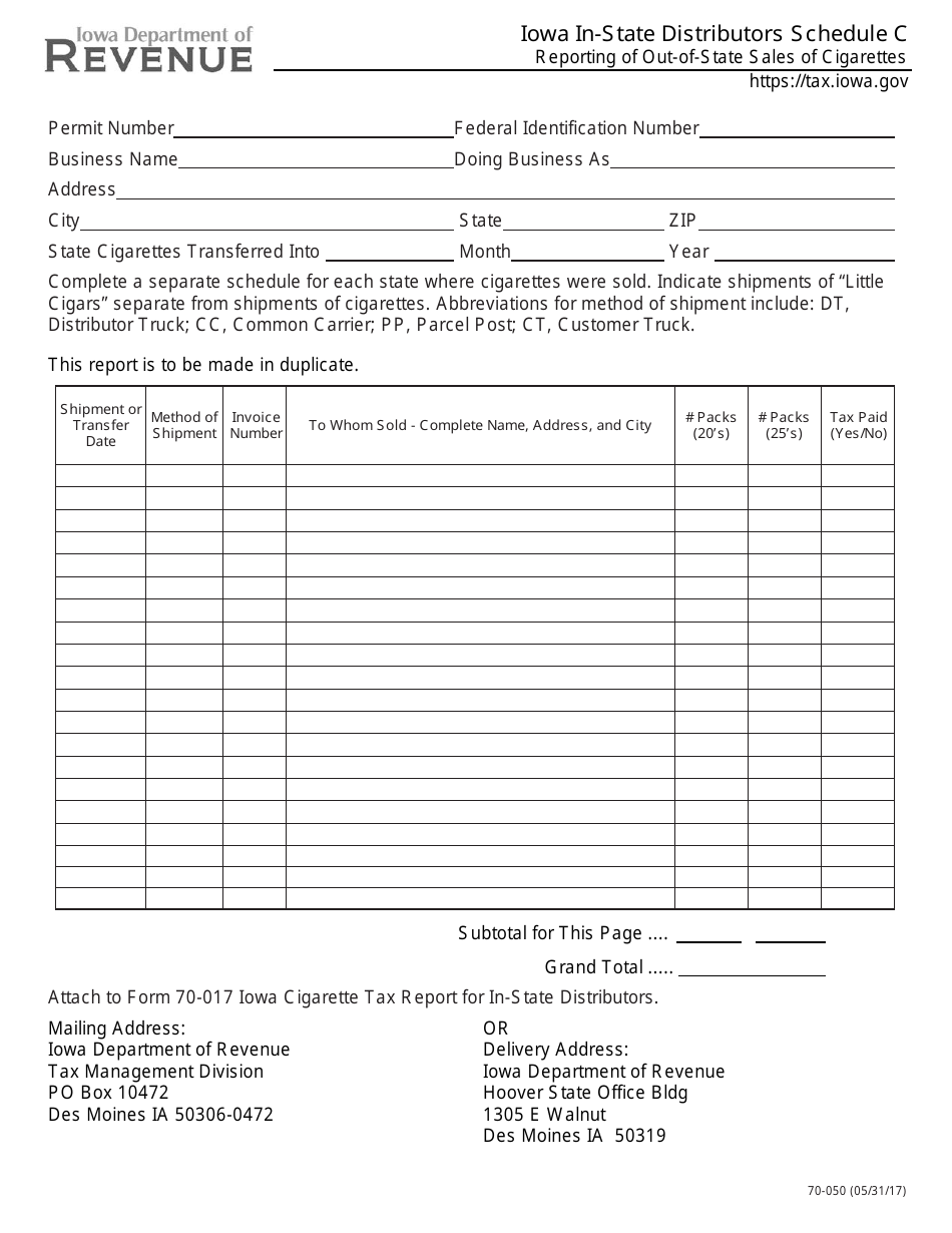 Form 70-050 Iowa in-State Distributors Schedule C - Reporting of Out-of-State Sales of Cigarettes - Iowa, Page 1