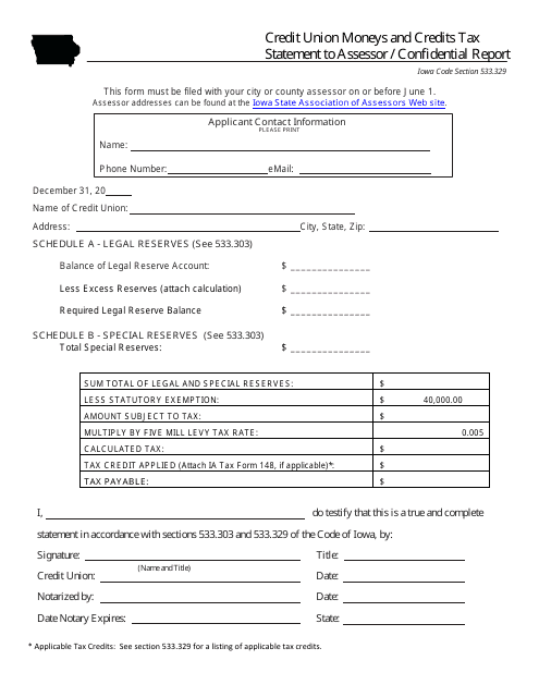 Credit Union Moneys and Credits Tax Statement to Assessor / Confidential Report Form - Iowa