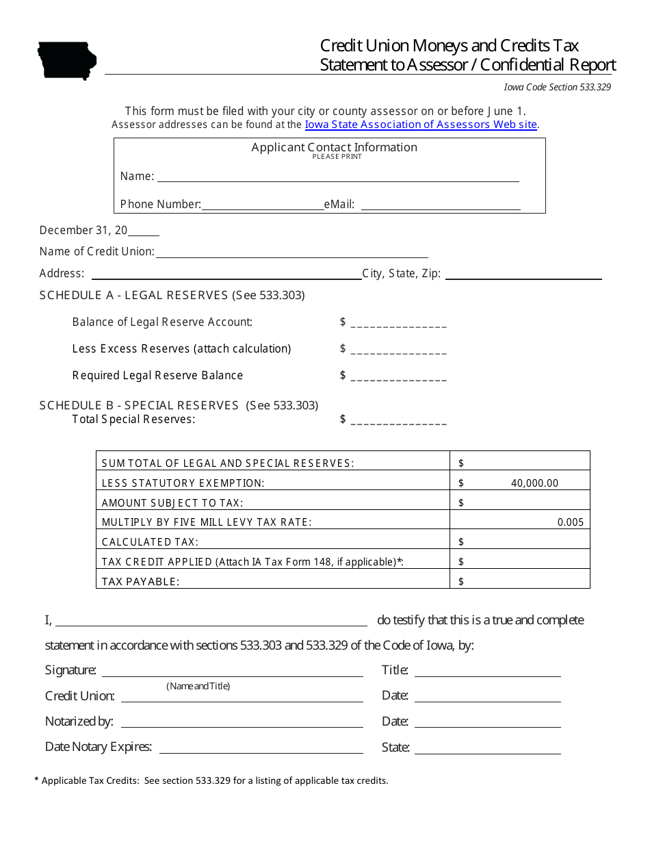 Credit Union Moneys and Credits Tax Statement to Assessor / Confidential Report Form - Iowa, Page 1