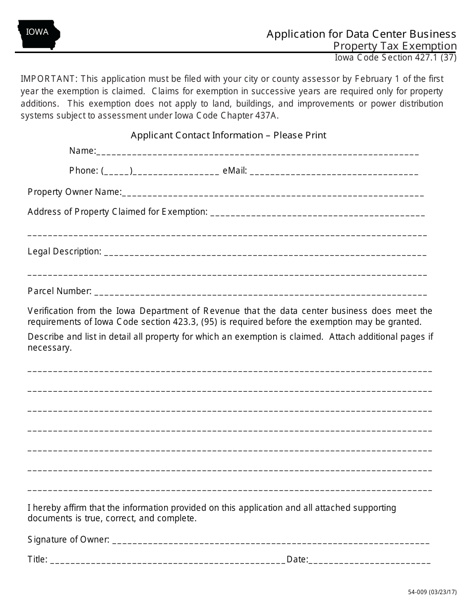Form 54-009 Application for Data Center Business Property Tax Exemption - Iowa, Page 1