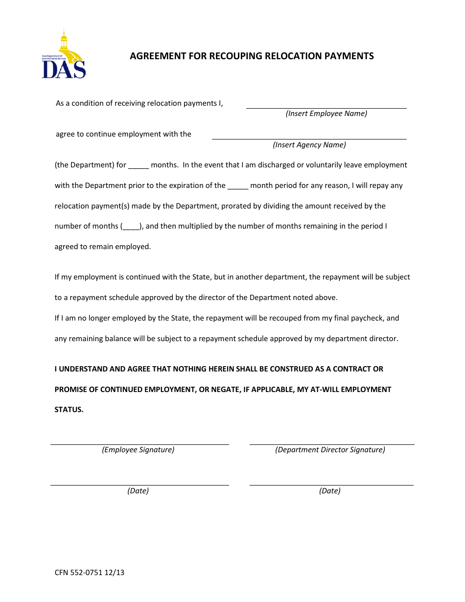 Form CFN552-0751 Agreement for Recouping Relocation Payments - Iowa, Page 1