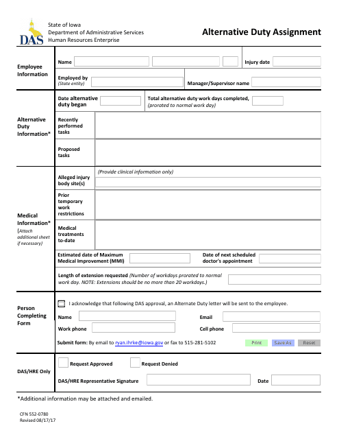 Form CFN552-0780 Alternative Duty Assignment - Iowa