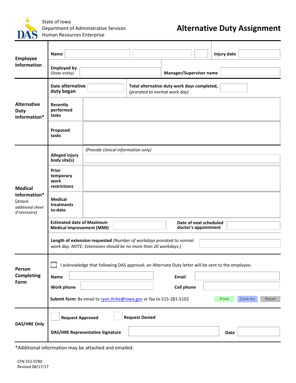 Form CFN552-0780 Alternative Duty Assignment - Iowa, Page 1