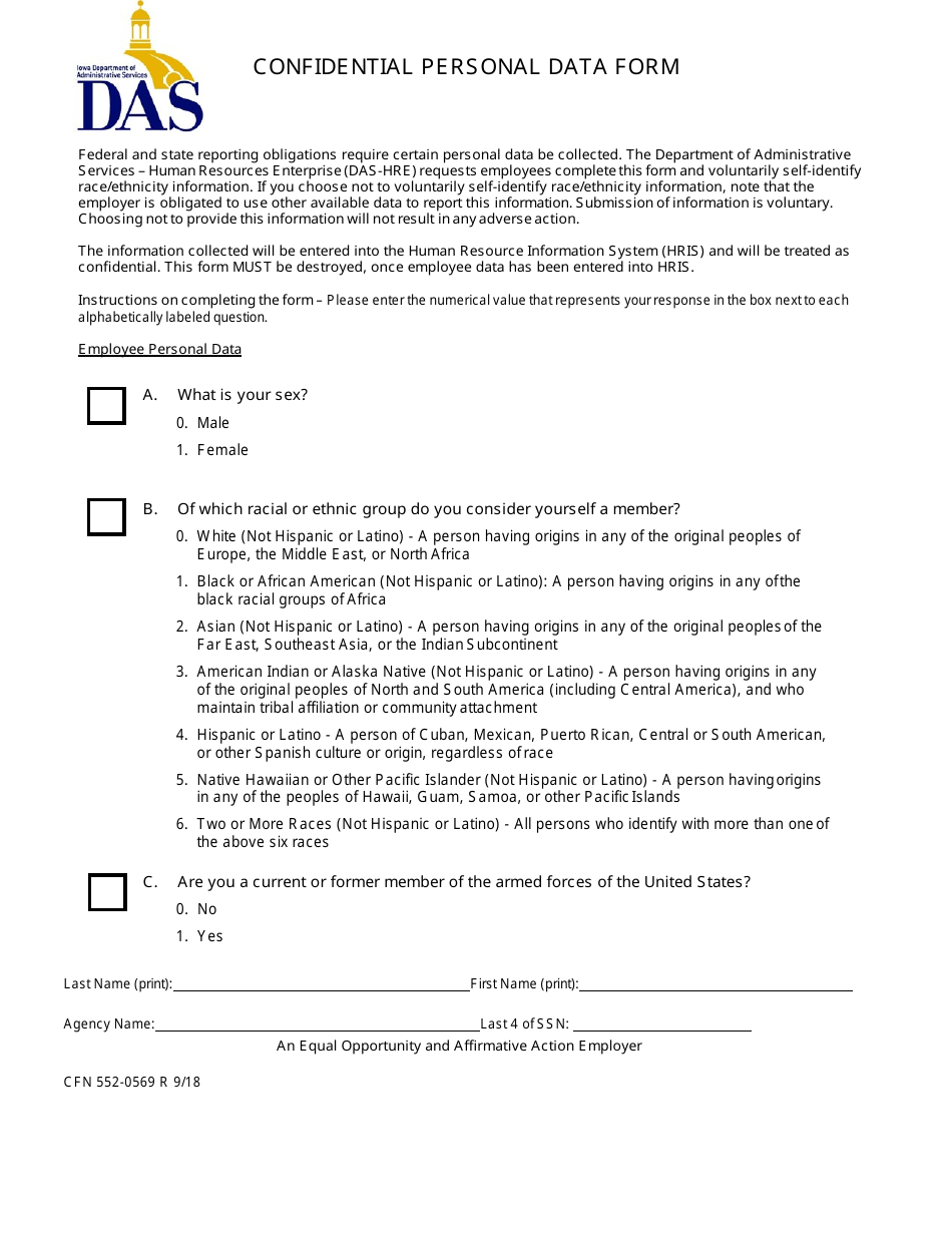 Form CFN552-0569 Confidential Personal Data Form - Iowa, Page 1