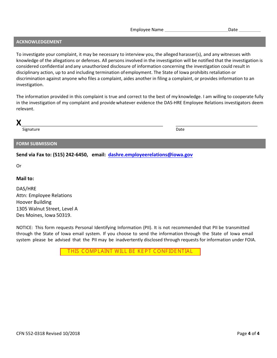 Form CFN552-0318 Employee Complaint Form - Iowa, Page 4