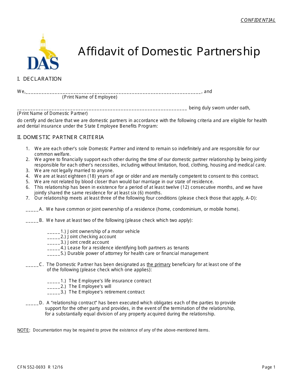 Form CFN552-0693 Affidavit of Domestic Partnership - Iowa, Page 1