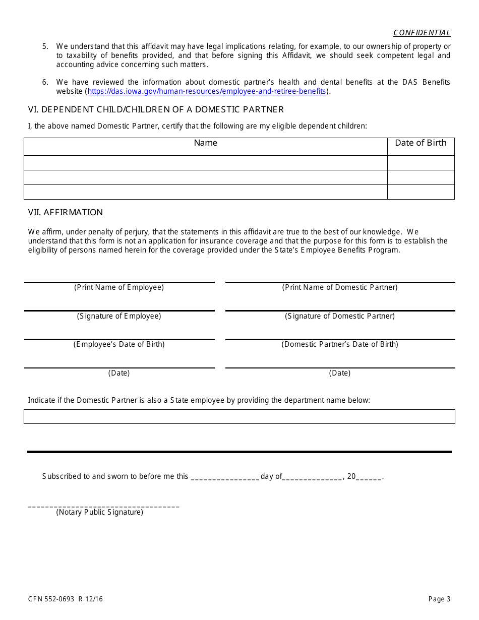 Form CFN552-0693 Affidavit of Domestic Partnership - Iowa, Page 3