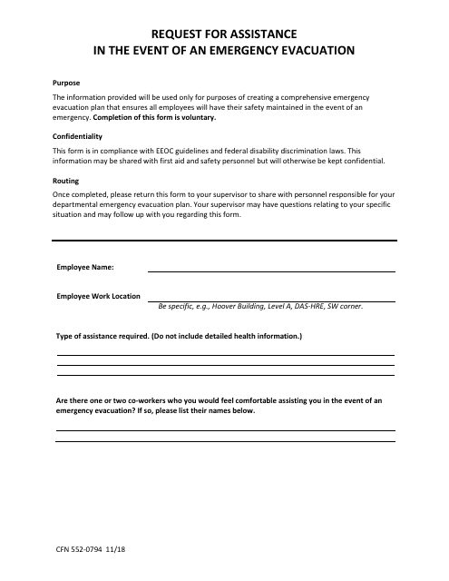 Form CFN552-0794 Request for Assistance in the Event of an Emergency Evacuation - Iowa