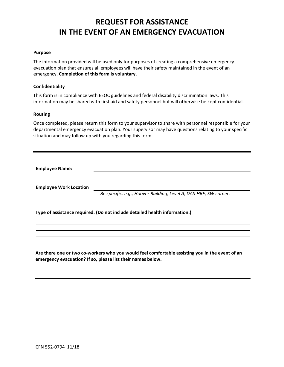 Form CFN552-0794 Request for Assistance in the Event of an Emergency Evacuation - Iowa, Page 1