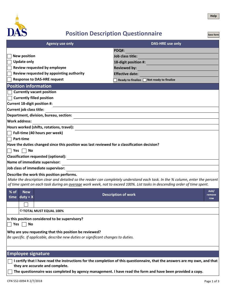 Form CFN552-0094 Position Description Questionnaire - Iowa, Page 1