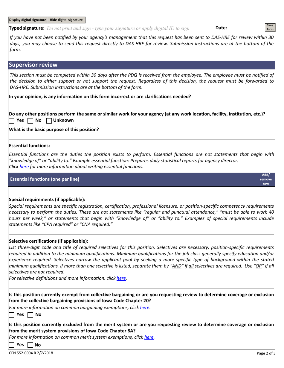 Form CFN552-0094 Position Description Questionnaire - Iowa, Page 2