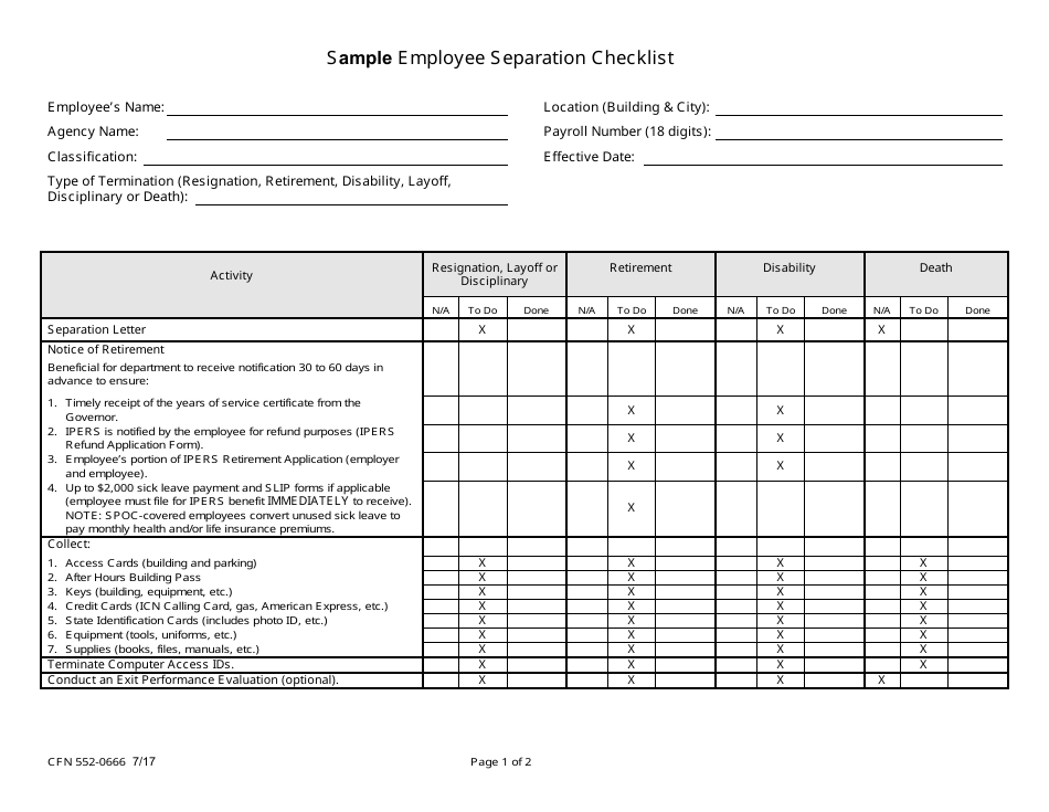 Form CFN552-0666 Sample Employee Separation Checklist - Iowa, Page 1