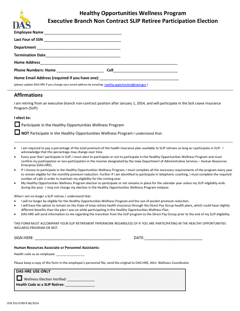 Form CFN552-0769 Executive Branch Non Contract Slip Retiree Participation Election - Healthy Opportunities Wellness Program - Iowa