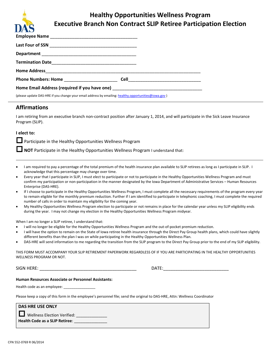 Form CFN552-0769 Executive Branch Non Contract Slip Retiree Participation Election - Healthy Opportunities Wellness Program - Iowa, Page 1