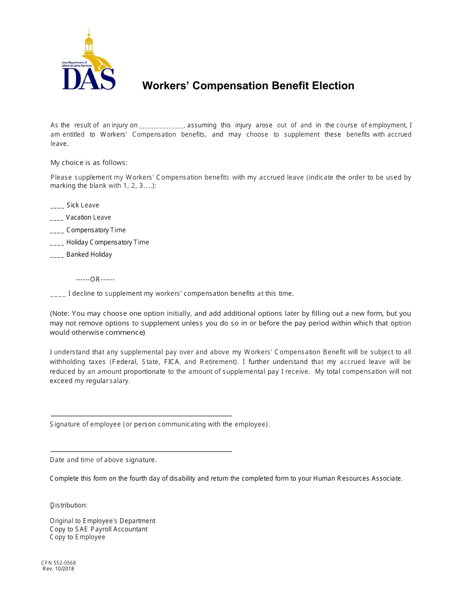 Form CFN552-0568 Workers Compensation Benefit Election - Iowa, Page 1
