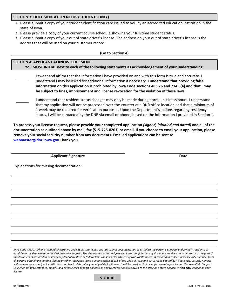 DNR Form 542-0160 Change of Residency Request Form in Order to Acquire Resident Licenses and Privileges - Iowa, Page 2