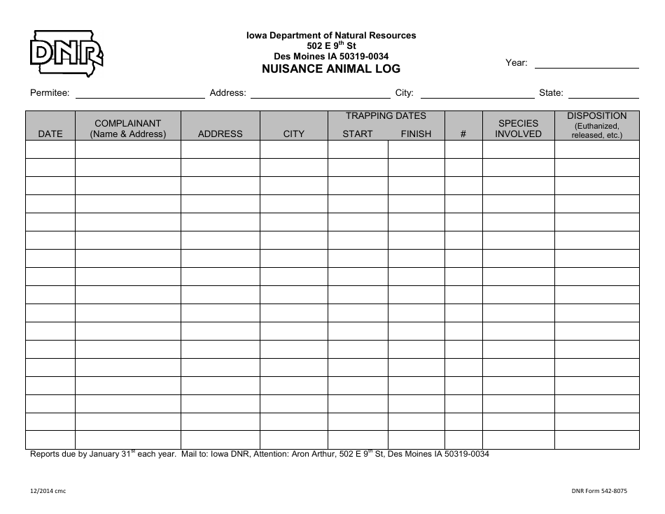 DNR Form 542-8075 Nuisance Animal Log - Iowa, Page 1