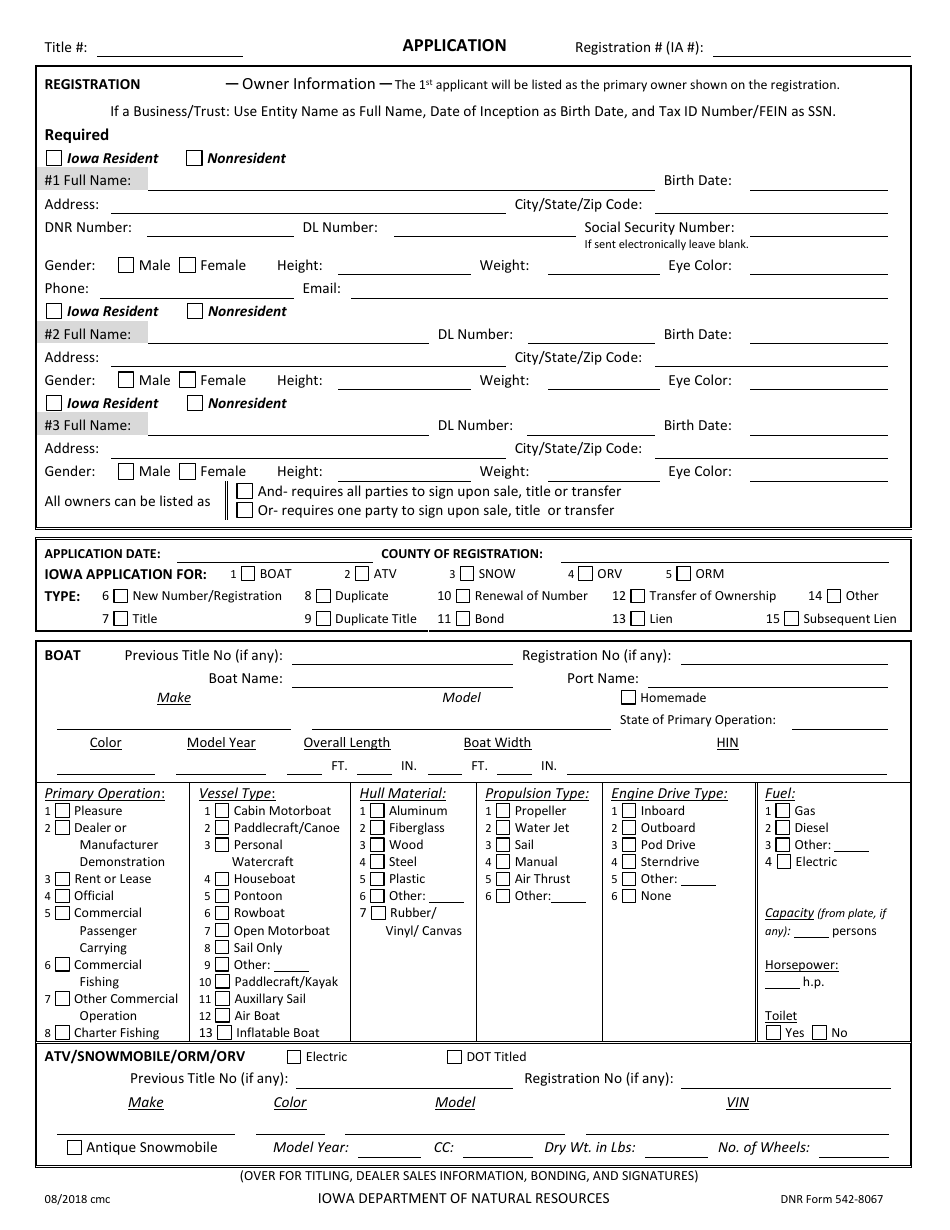 DNR Form 542-8067 Iowa Application for Boat-Snow-Atv Registration - Iowa, Page 1