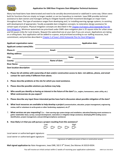 DNR Form 542-0523 Application for DNR River Programs Dam Mitigation Technical Assistance - Iowa