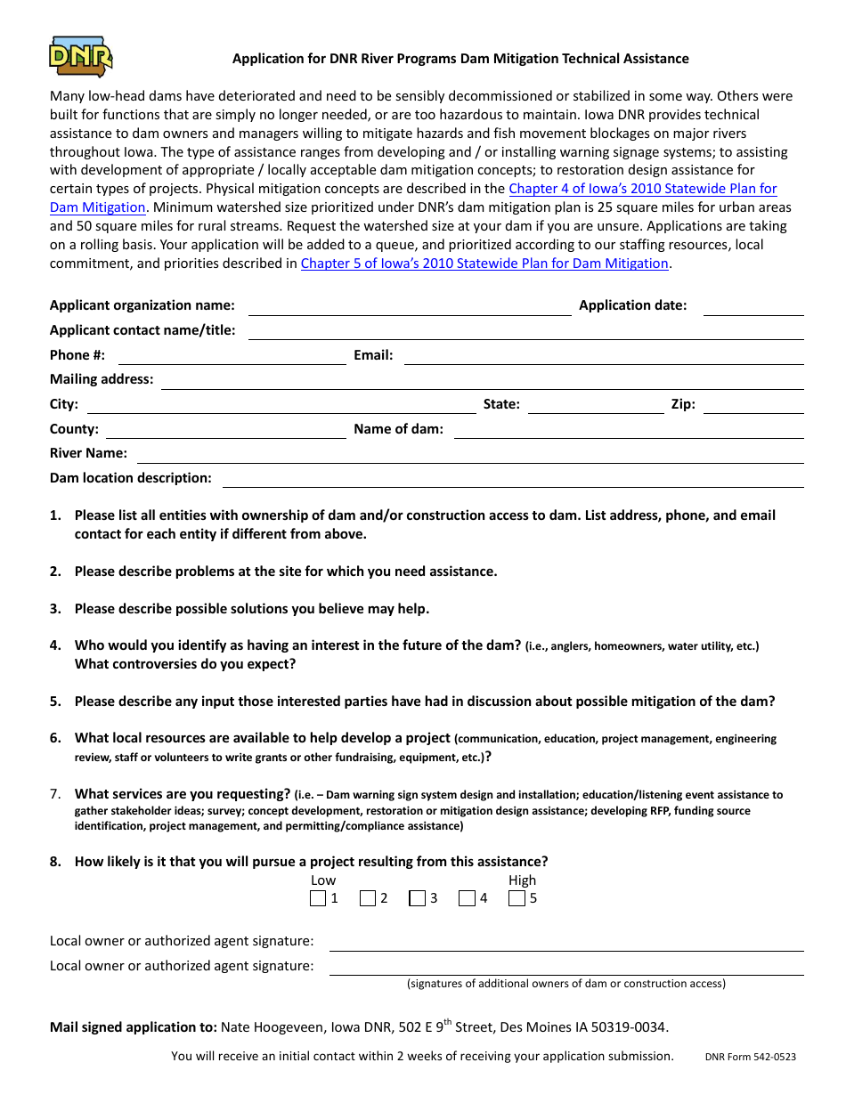 DNR Form 542-0523 Application for DNR River Programs Dam Mitigation Technical Assistance - Iowa, Page 1