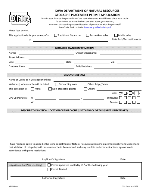DNR Form 542-0289 Geocache Placement Permit Application - Iowa