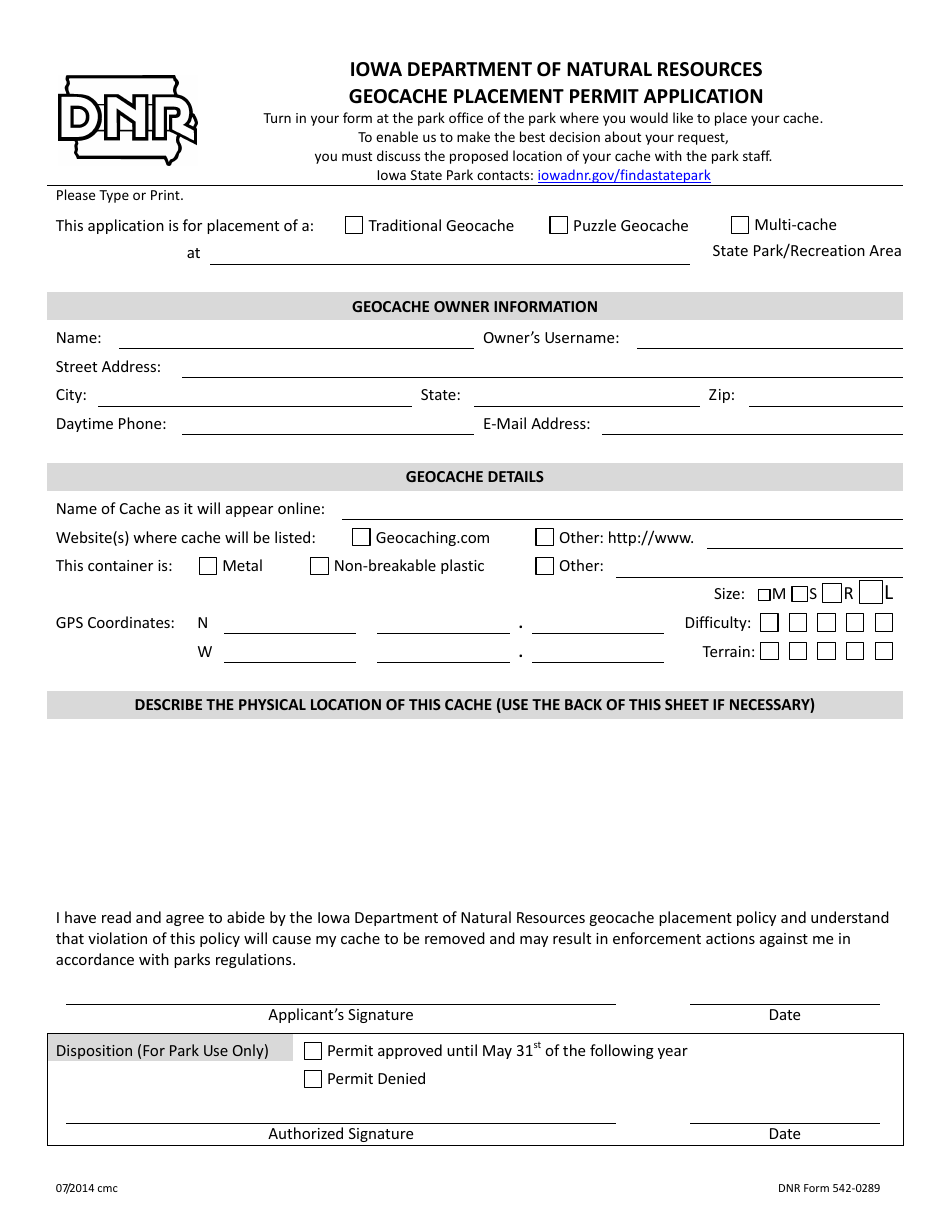 DNR Form 542-0289 Geocache Placement Permit Application - Iowa, Page 1