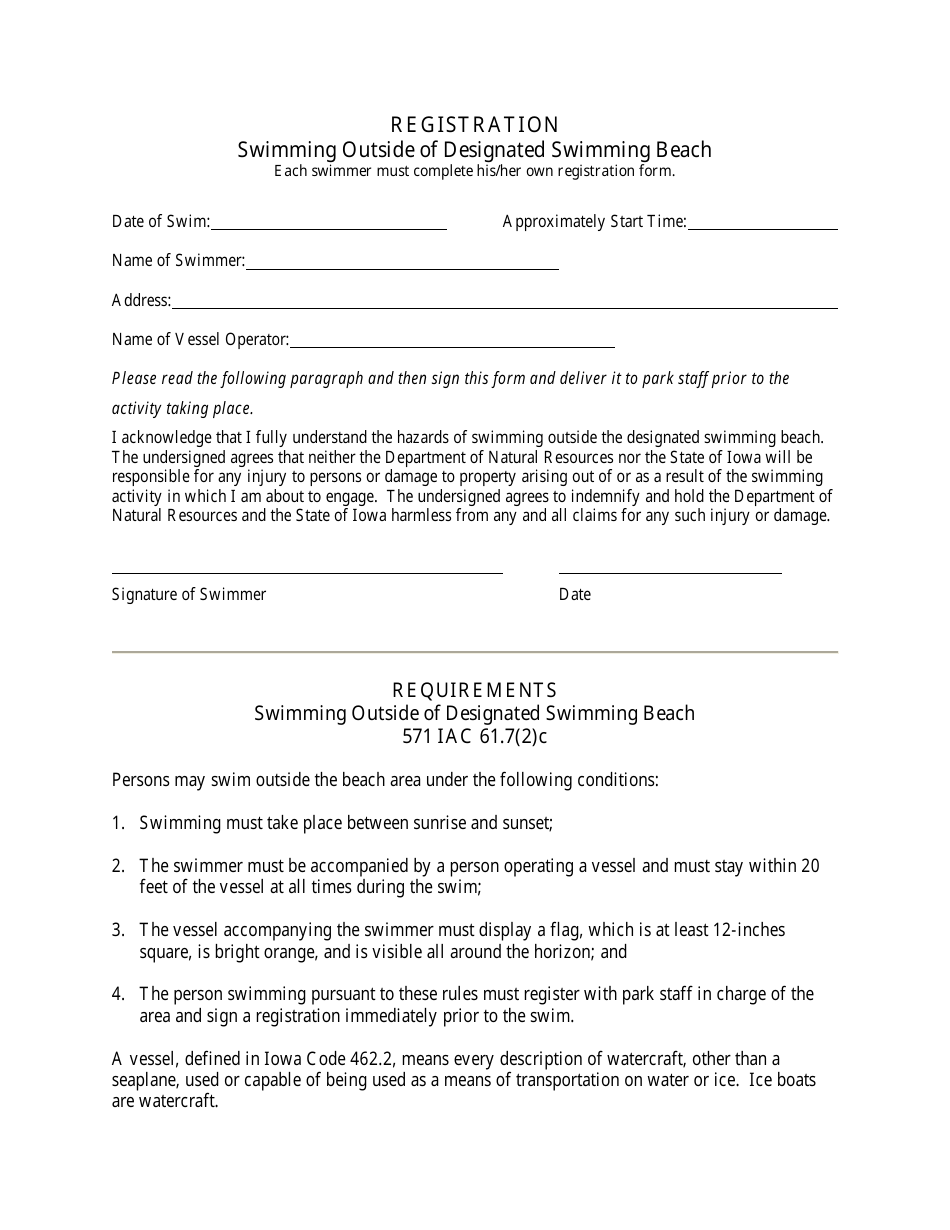 Registration Form - Swimming Outside of Designated Swimming Beach - Iowa, Page 1