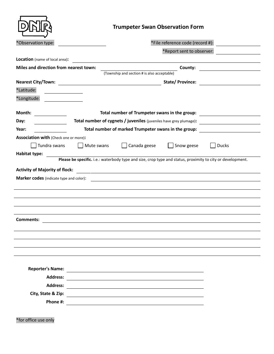 Trumpeter Swan Observation Form - Iowa, Page 1