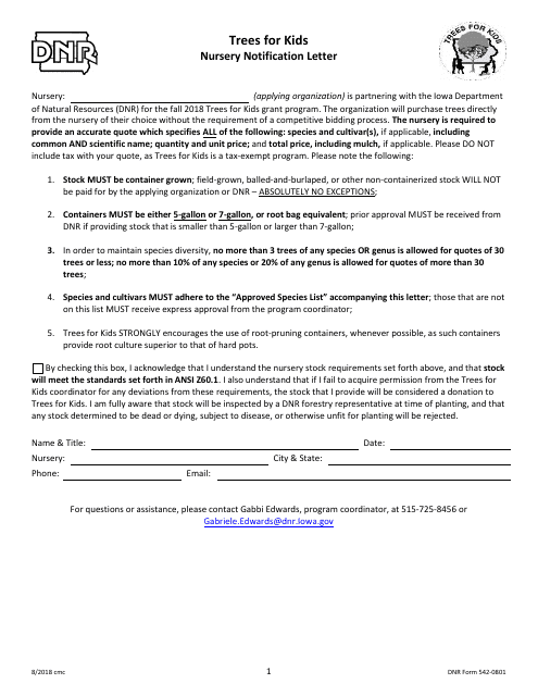 DNR Form 542-0801 Trees for Kids - Nursery Notification Letter - Iowa