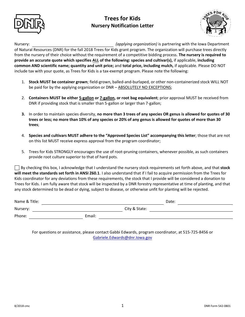 DNR Form 542-0801 Trees for Kids - Nursery Notification Letter - Iowa, Page 1