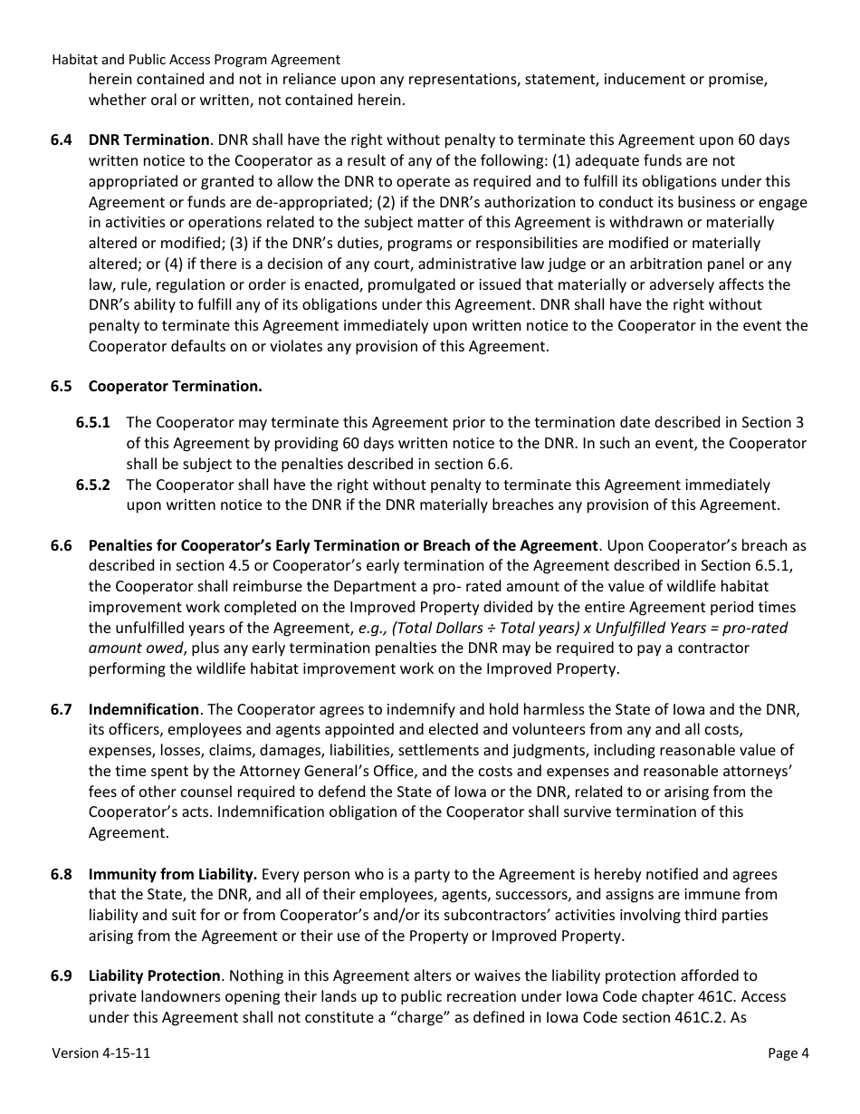 Habitat and Public Access Program Agreement - Iowa, Page 4