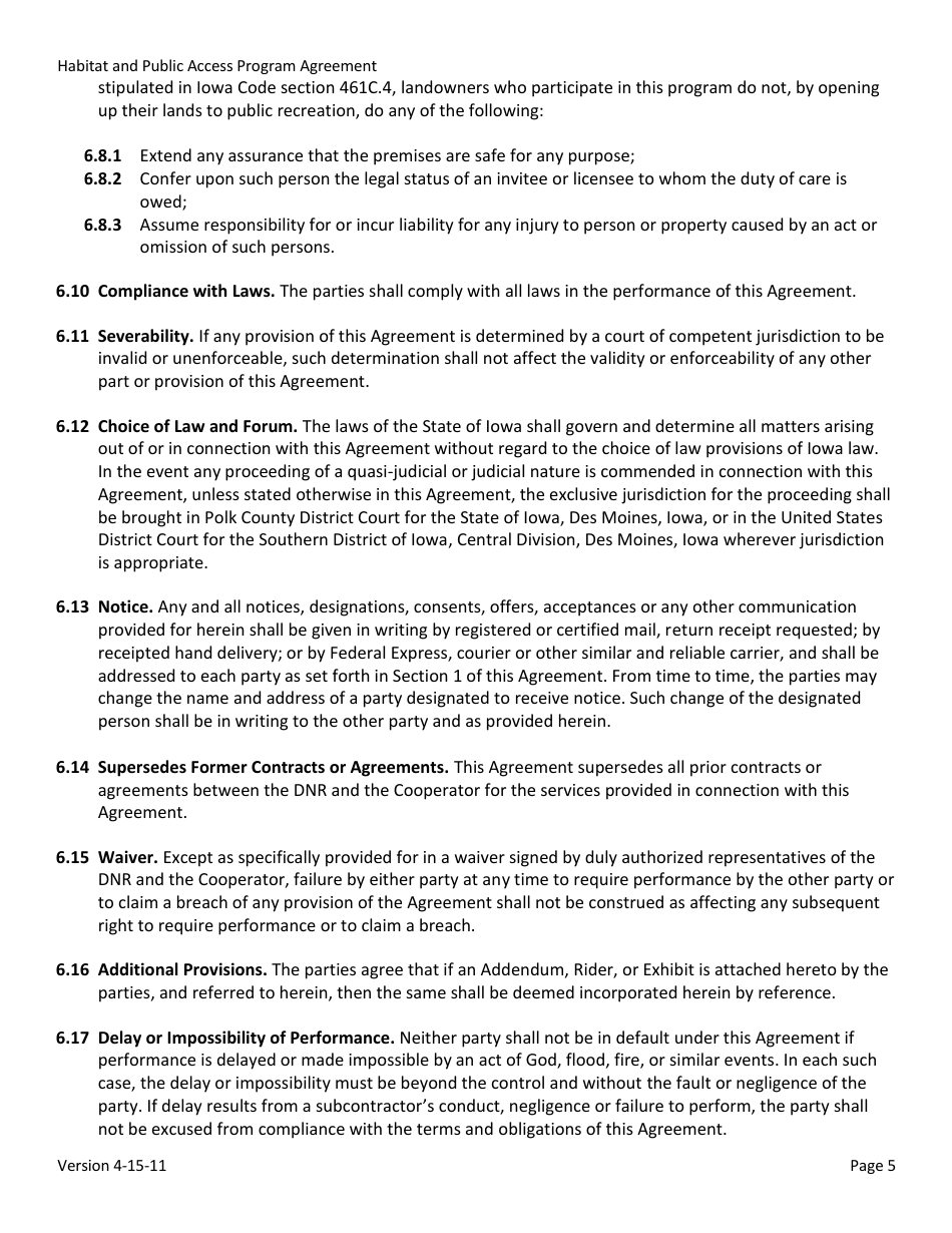 Habitat and Public Access Program Agreement - Iowa, Page 5