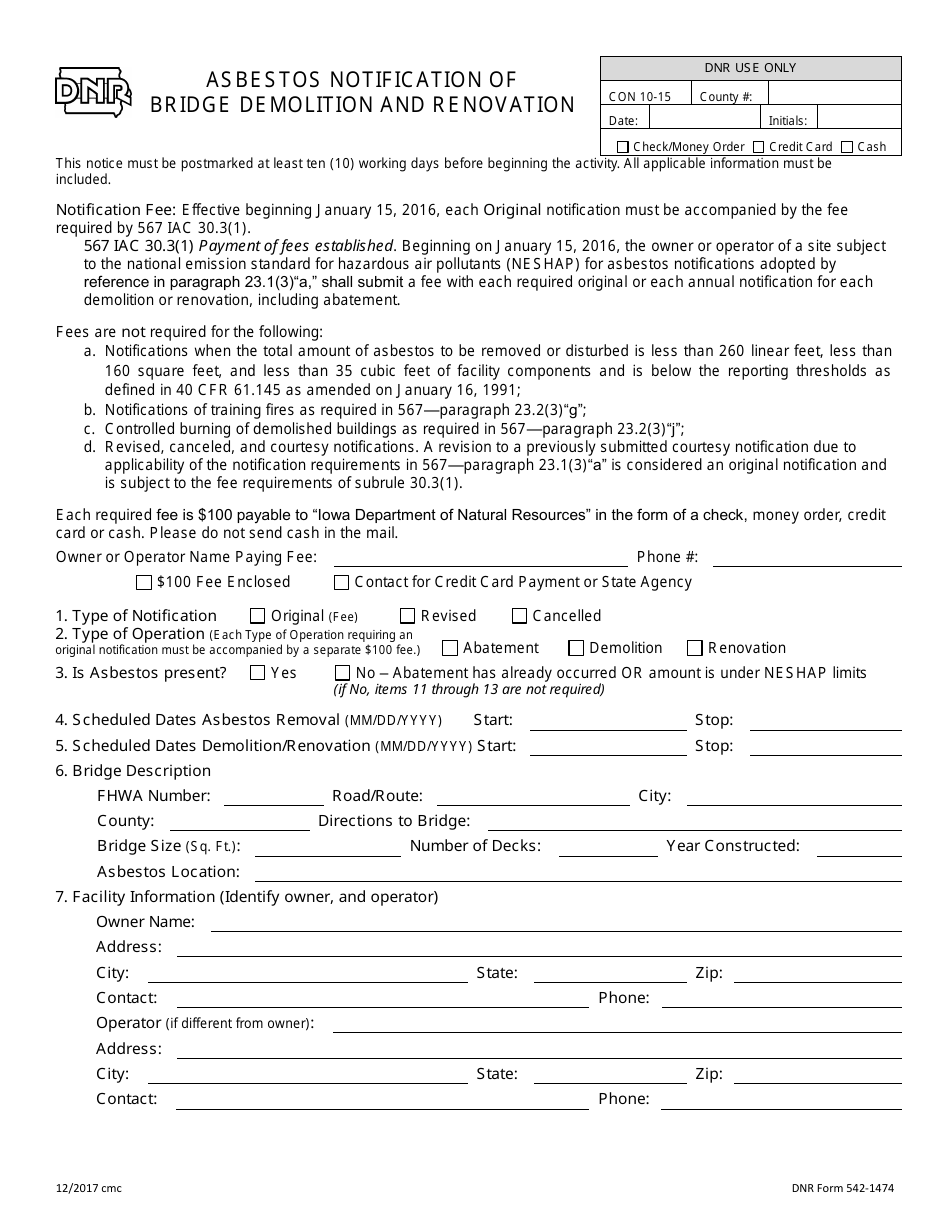 DNR Form 542-1474 Asbestos Notification of Bridge Demolition and Renovation - Iowa, Page 1